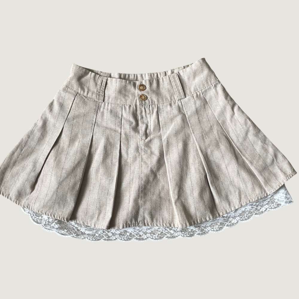Beige Pleated Lace Mini Skirt Coquette / Preppy 26" Waist Fits Small